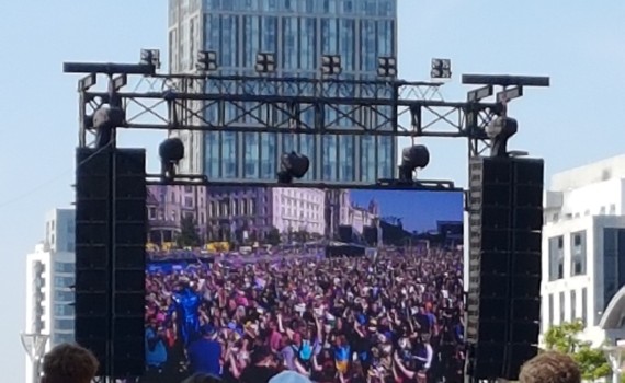 Crowd at Eurovision Village in Liverpool watching the live screening of the 2023 Eurovision final